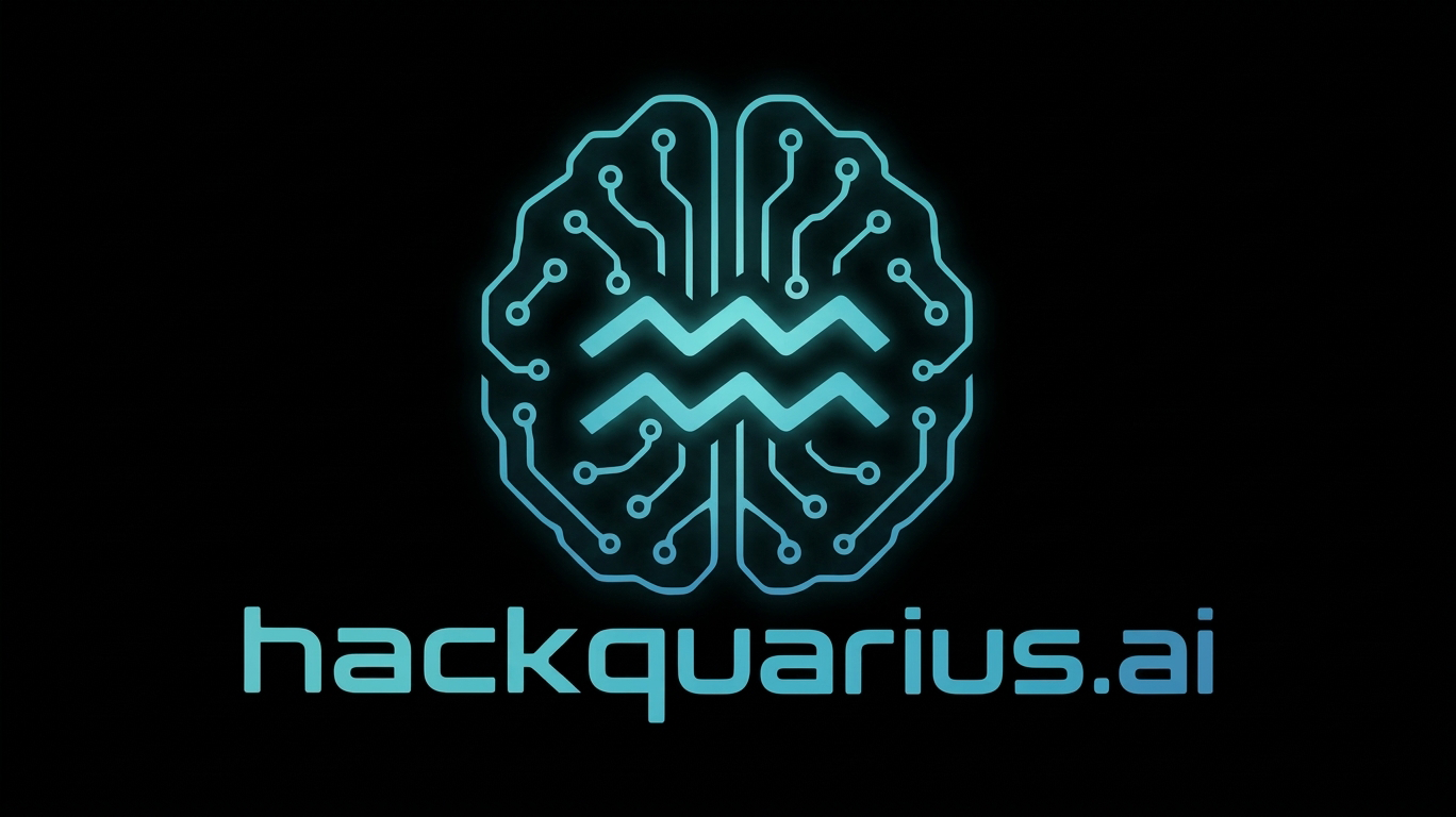 hackquarius.ai — a cyan circuit-board brain with Aquarius symbols
